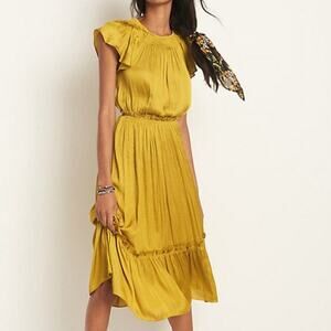 Anthropologie Current Air Dodie Flutter-Sleeved Midi Dress Gold Size Small